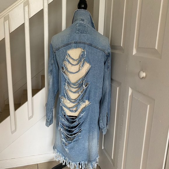 Long Distressed Jeans Jacket - Picture 2 of 8